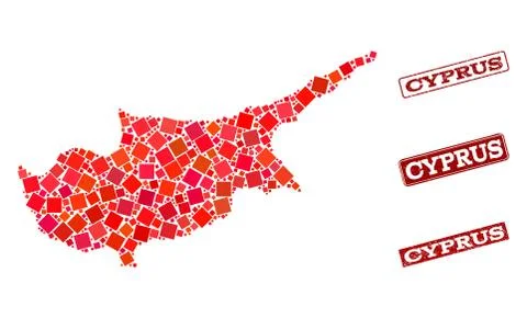 Composition of Red Mosaic Map of Cyprus Island and Grunge Rectangle Stamps Illustrazione stock