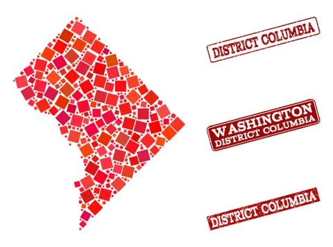 Composition of Red Mosaic Map of District Columbia and Grunge Rectangle Stamps Stock Illustration