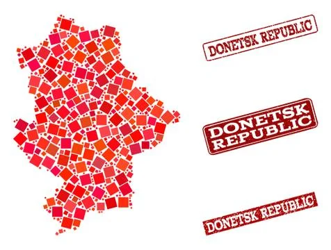 Composition of Red Mosaic Map of Donetsk Republic and Grunge Rectangle Stamps Stock Illustration