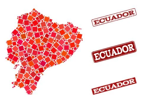 Composition of Red Mosaic Map of Ecuador and Grunge Rectangle Stamps Stock Illustration