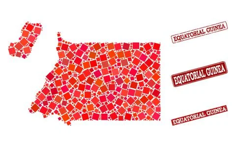 Composition of Red Mosaic Map of Equatorial Guinea and Grunge Rectangle Stamps 스톡 일러스트