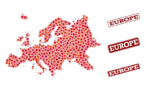 Composition of Red Mosaic Map of Europe and Grunge Rectangle Stamps 스톡 일러스트