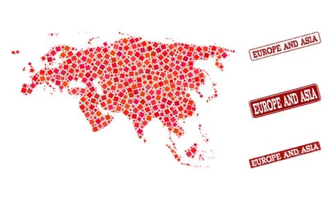 Composition of Red Mosaic Map of Europe and Asia and Grunge Rectangle Stamps Stockillustratie