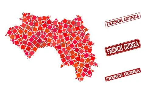 Composition of Red Mosaic Map of French Guinea and Grunge Rectangle Stamps Illustrazione stock