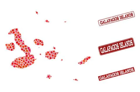 Composition of Red Mosaic Map of Galapagos Islands and Grunge Rectangle Stamps 스톡 일러스트