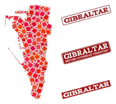Composition of Red Mosaic Map of Gibraltar and Grunge Rectangle Stamps Illustrazione stock
