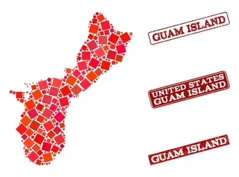Composition of Red Mosaic Map of Guam Island and Grunge Rectangle Stamps Stockillustratie
