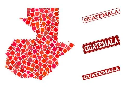 Composition of Red Mosaic Map of Guatemala and Grunge Rectangle Stamps Illustrazione stock