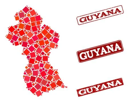 Composition of Red Mosaic Map of Guyana and Grunge Rectangle Stamps Stock Illustration