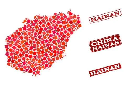 Composition of Red Mosaic Map of Hainan Island and Grunge Rectangle Stamps Stockillustratie