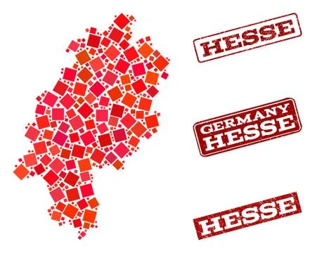 Composition of Red Mosaic Map of Hesse State and Grunge Rectangle Stamps Stock Illustration