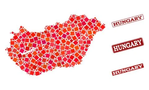 Composition of Red Mosaic Map of Hungary and Grunge Rectangle Stamps Stock Illustration