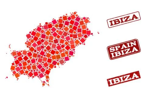 Composition of Red Mosaic Map of Ibiza Island and Grunge Rectangle Stamps Stock Illustration