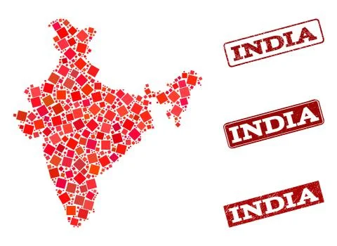 Composition of Red Mosaic Map of India and Grunge Rectangle Stamps Stock Illustration