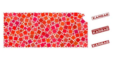 Composition of Red Mosaic Map of Kansas State and Grunge Rectangle Stamps Stock Illustration