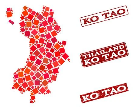 Composition of Red Mosaic Map of Ko Tao and Grunge Rectangle Stamps Illustrazione stock