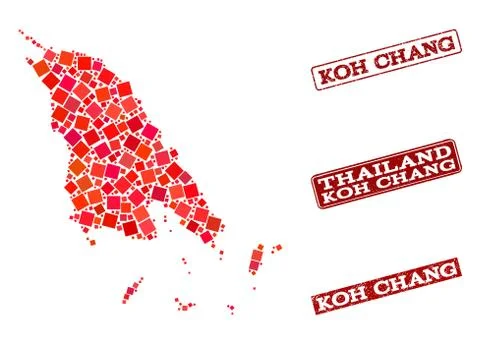 Composition of Red Mosaic Map of Koh Chang and Grunge Rectangle Stamps Stock Illustration