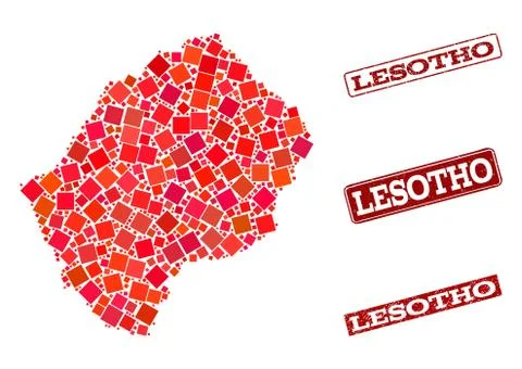Composition of Red Mosaic Map of Lesotho and Grunge Rectangle Stamps Illustrazione stock