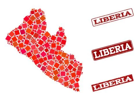 Composition of Red Mosaic Map of Liberia and Grunge Rectangle Stamps Stock Illustration