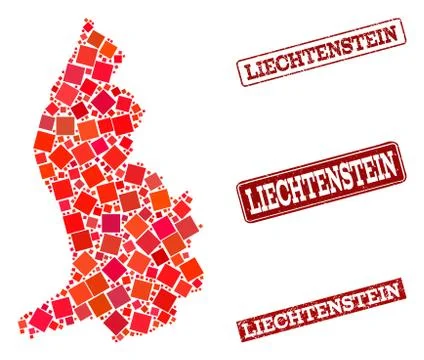 Composition of Red Mosaic Map of Liechtenstein and Grunge Rectangle Stamps Illustrazione stock