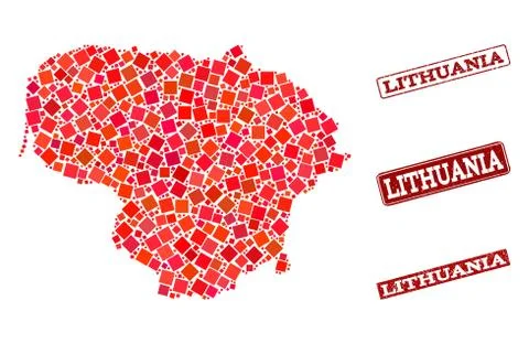 Composition of Red Mosaic Map of Lithuania and Grunge Rectangle Stamps 스톡 일러스트