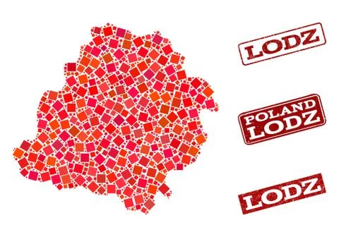 Composition of Red Mosaic Map of Lodz Province and Grunge Rectangle Stamps Stock Illustration