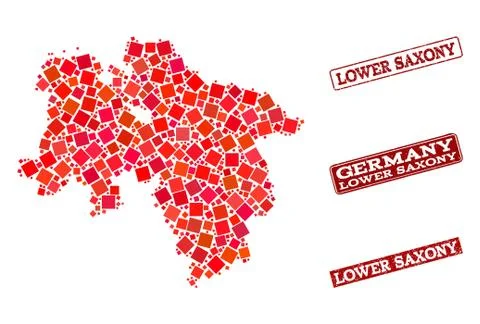 Composition of Red Mosaic Map of Lower Saxony State and Grunge Rectangle Stamps Stock Illustration