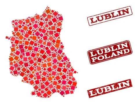 Composition of Red Mosaic Map of Lublin Province and Grunge Rectangle Stamps Illustrazione stock