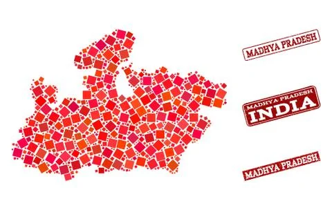 Composition of Red Mosaic Map of Madhya Pradesh State and Grunge Rectangle Illustrazione stock