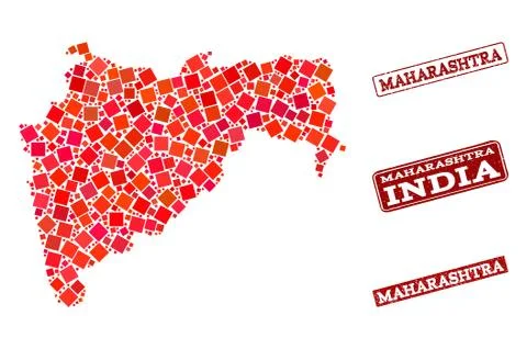Composition of Red Mosaic Map of Maharashtra State and Grunge Rectangle Stamps Stock Illustration