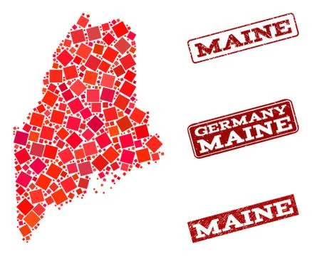 Composition of Red Mosaic Map of Maine State and Grunge Rectangle Stamps Stock Illustration
