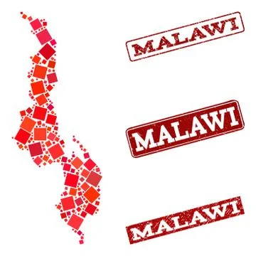 Composition of Red Mosaic Map of Malawi and Grunge Rectangle Stamps Illustrazione stock