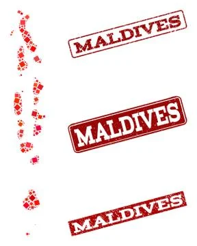 Composition of Red Mosaic Map of Maldives and Grunge Rectangle Stamps Stock Illustration