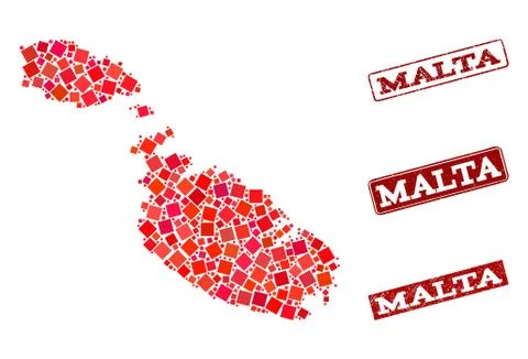 Composition of Red Mosaic Map of Malta and Grunge Rectangle Stamps Illustrazione stock