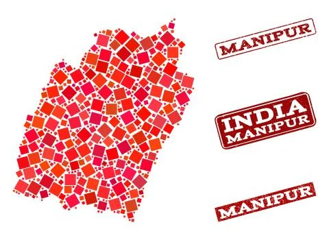 Composition of Red Mosaic Map of Manipur State and Grunge Rectangle Stamps Illustrazione stock