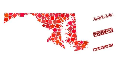 Composition of Red Mosaic Map of Maryland State and Grunge Rectangle Stamps Illustrazione stock