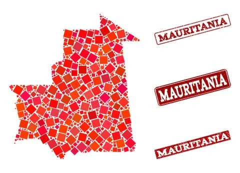 Composition of Red Mosaic Map of Mauritania and Grunge Rectangle Stamps Stock Illustration