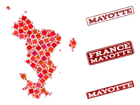 Composition of Red Mosaic Map of Mayotte Islands and Grunge Rectangle Stamps Stock Illustration