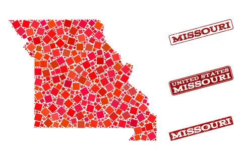 Composition of Red Mosaic Map of Missouri State and Grunge Rectangle Stamps 스톡 일러스트