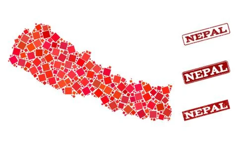 Composition of Red Mosaic Map of Nepal and Grunge Rectangle Stamps Illustrazione stock