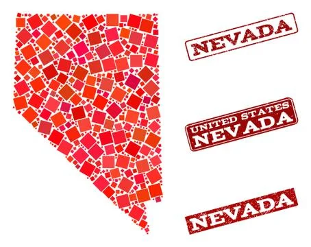Composition of Red Mosaic Map of Nevada State and Grunge Rectangle Stamps 스톡 일러스트