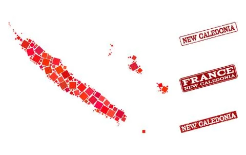 Composition of Red Mosaic Map of New Caledonia and Grunge Rectangle Stamps Illustrazione stock