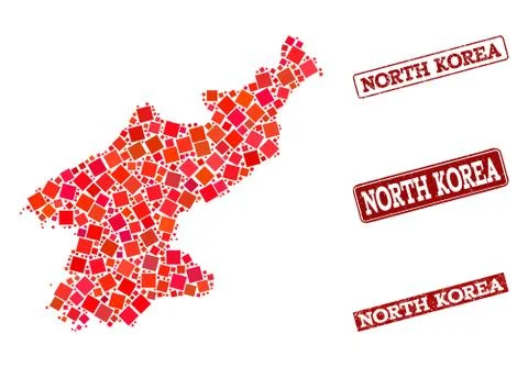 Composition of Red Mosaic Map of North Korea and Grunge Rectangle Stamps Illustrazione stock