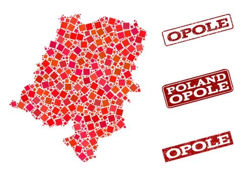 Composition of Red Mosaic Map of Opole Province and Grunge Rectangle Stamps Stock Illustration