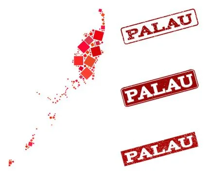 Composition of Red Mosaic Map of Palau Islands and Grunge Rectangle Stamps Illustrazione stock