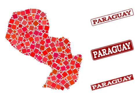 Composition of Red Mosaic Map of Paraguay and Grunge Rectangle Stamps イラスト素材