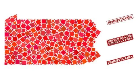 Composition of Red Mosaic Map of Pennsylvania State and Grunge Rectangle Stamps Stockillustratie