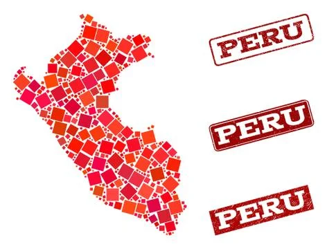 Composition of Red Mosaic Map of Peru and Grunge Rectangle Stamps Stock Illustration