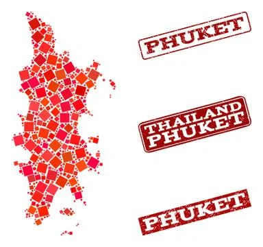 Composition of Red Mosaic Map of Phuket and Grunge Rectangle Stamps Illustrazione stock