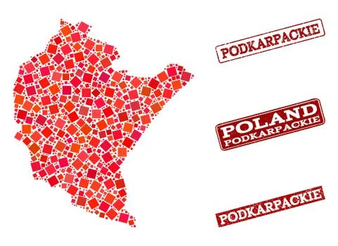 Composition of Red Mosaic Map of Podkarpackie Province and Grunge Rectangle Illustrazione stock